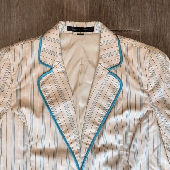 Express, Fitted Pinstriped Blazer, Light Beige w Teal, Hook Closure, Sz 12 - Picture 6 of 11